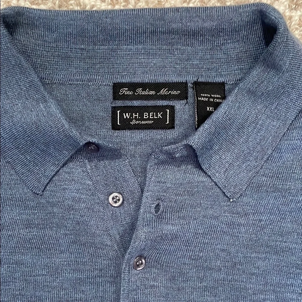 W.H. Belk Blue Merino Polo Sweater 100% Wool